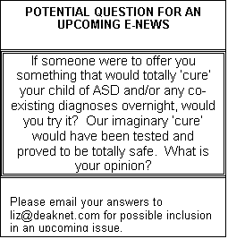Text Box: POTENTIAL QUESTION FOR AN UPCOMING E-NEWS
If someone were to offer you something that would totally cure your child of ASD and/or any co-existing diagnoses overnight, would you try it?  Our imaginary cure would have been tested and proved to be totally safe.  What is your opinion?
Please email your answers to liz@deaknet.com for possible inclusion in an upcoming issue.

