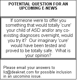 Text Box: POTENTIAL QUESTION FOR AN UPCOMING E-NEWS
If someone were to offer you something that would totally cure your child of ASD and/or any co-existing diagnoses overnight, would you try it?  Our imaginary cure would have been tested and proved to be totally safe.  What is your opinion?
Please email your answers to liz@deaknet.com for possible inclusion in an upcoming issue.

